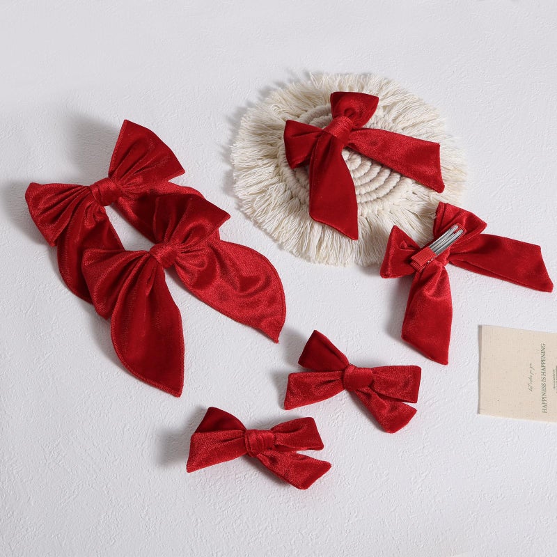 ميروكش ٦ قطع من ربطات الشعر المخملية الحمراء بثلاثة أشكال وأحجام ٥ بوصات و٣.٥ بوصات و٤ بوصات، مصنوعة يدويًا، مزودة بمشابك شعر على شكل فيونكة، مثالية للفتيات الصغيرات والمراهقات وفتيات المدارس، لتزيين فساتينهن في أعياد الميلاد وعيد الحب، كهدية مميزة في أعياد الميلاد. - Image 3